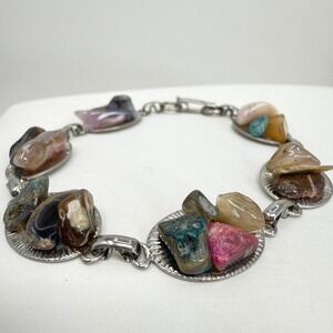 Gemstone Nugget‎ Link Bracelet Agate Amethyst Boho Southwestern Silver Tone MCM